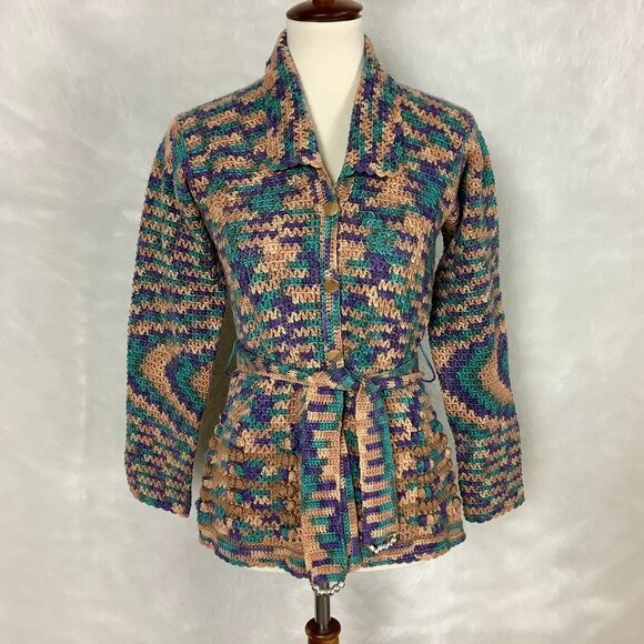 Vintage Sweaters - Vintage 70s Tan, Green Blue & Purple Belted Crochet Cardigan Sweater S